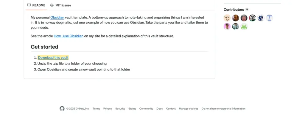 Kepano's Obsidian vault repository on GitHub with the MIT license tab and the Download this vault link highlighted