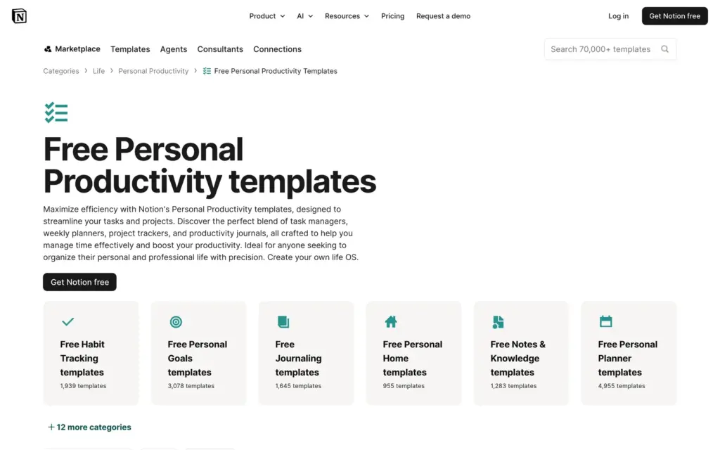 Notion Marketplace page for free personal productivity templates with category cards for habits, goals, journaling, home, notes and planners