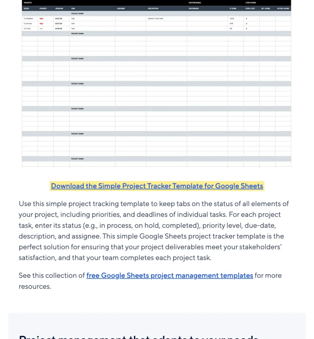 Smartsheet Simple Project Tracker preview with the Google Sheets download link highlighted