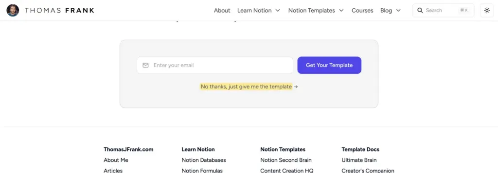 Thomas Frank's template page with an email form and the No thanks, just give me the template link highlighted