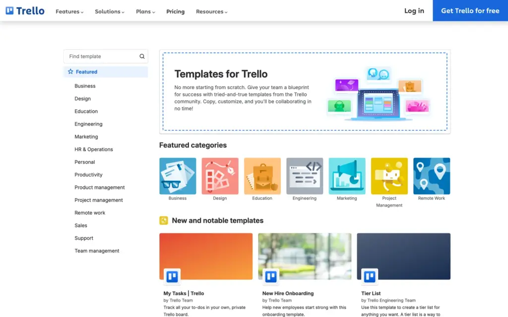 Trello template gallery with featured categories and new templates such as My Tasks and New Hire Onboarding