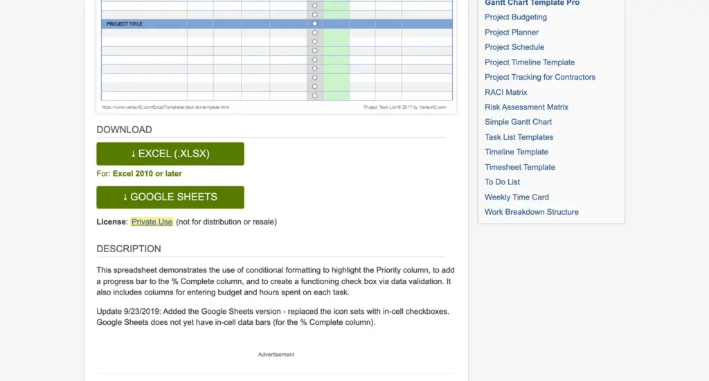 Vertex42 Project Task List download buttons for Excel and Google Sheets with the Private Use license highlighted