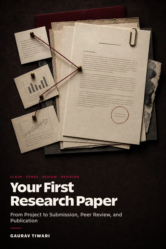 Front cover of Your First Research Paper by Gaurav Tiwari: manuscript pages, a chart and a scatter plot pinned together with red thread on a dark desk.