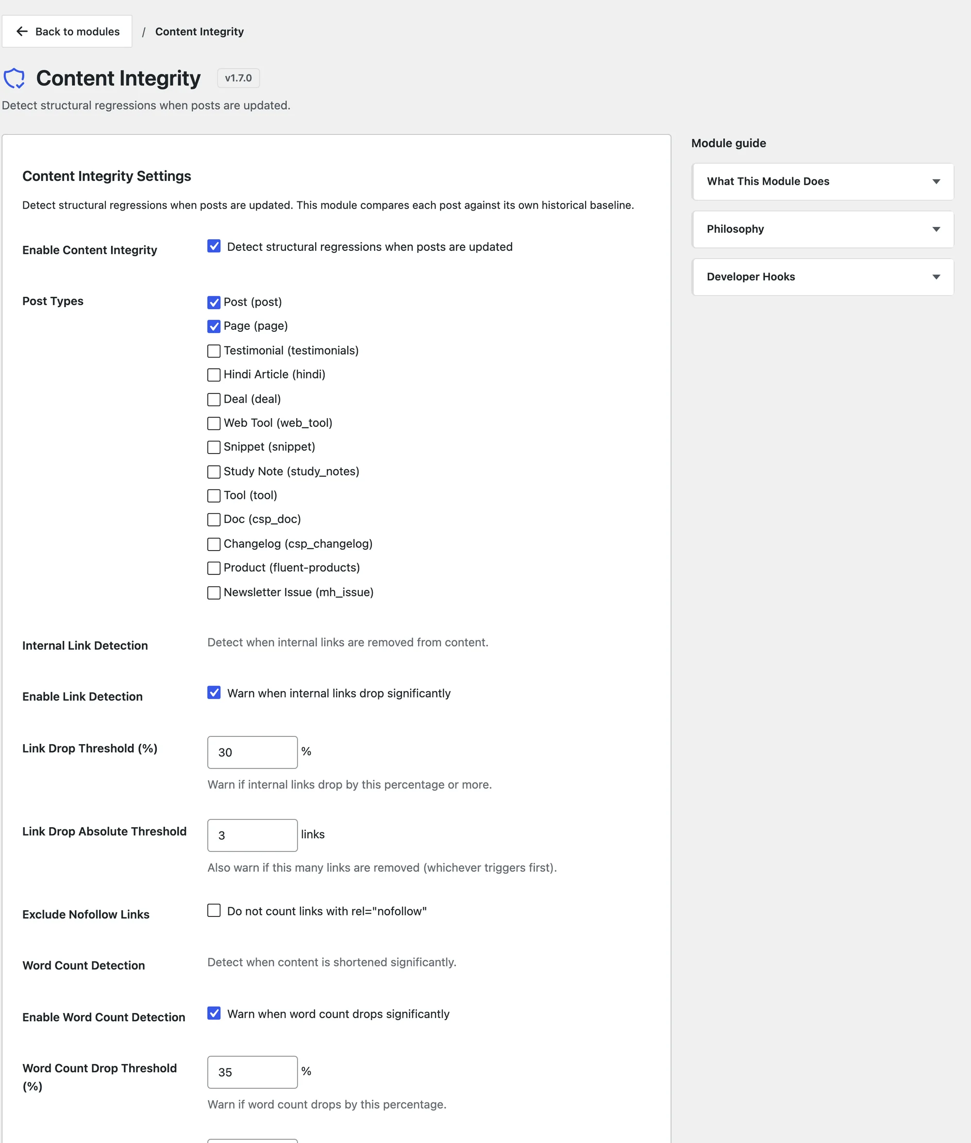 The Content Integrity settings with post types, link drop thresholds, word count thresholds and heading checks