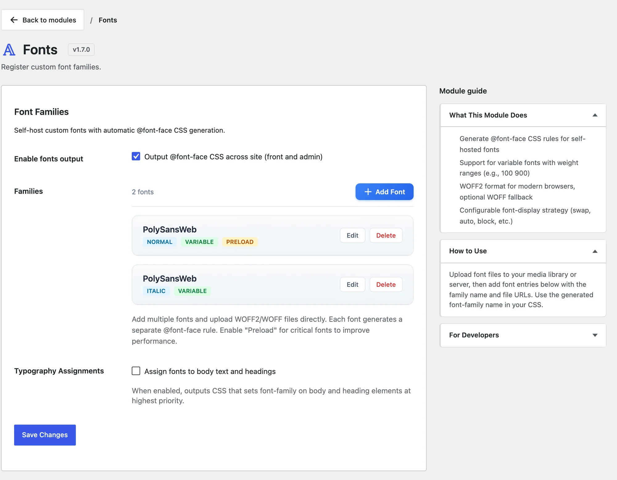 The Fonts module with two registered font families, the Add Font button and typography assignments