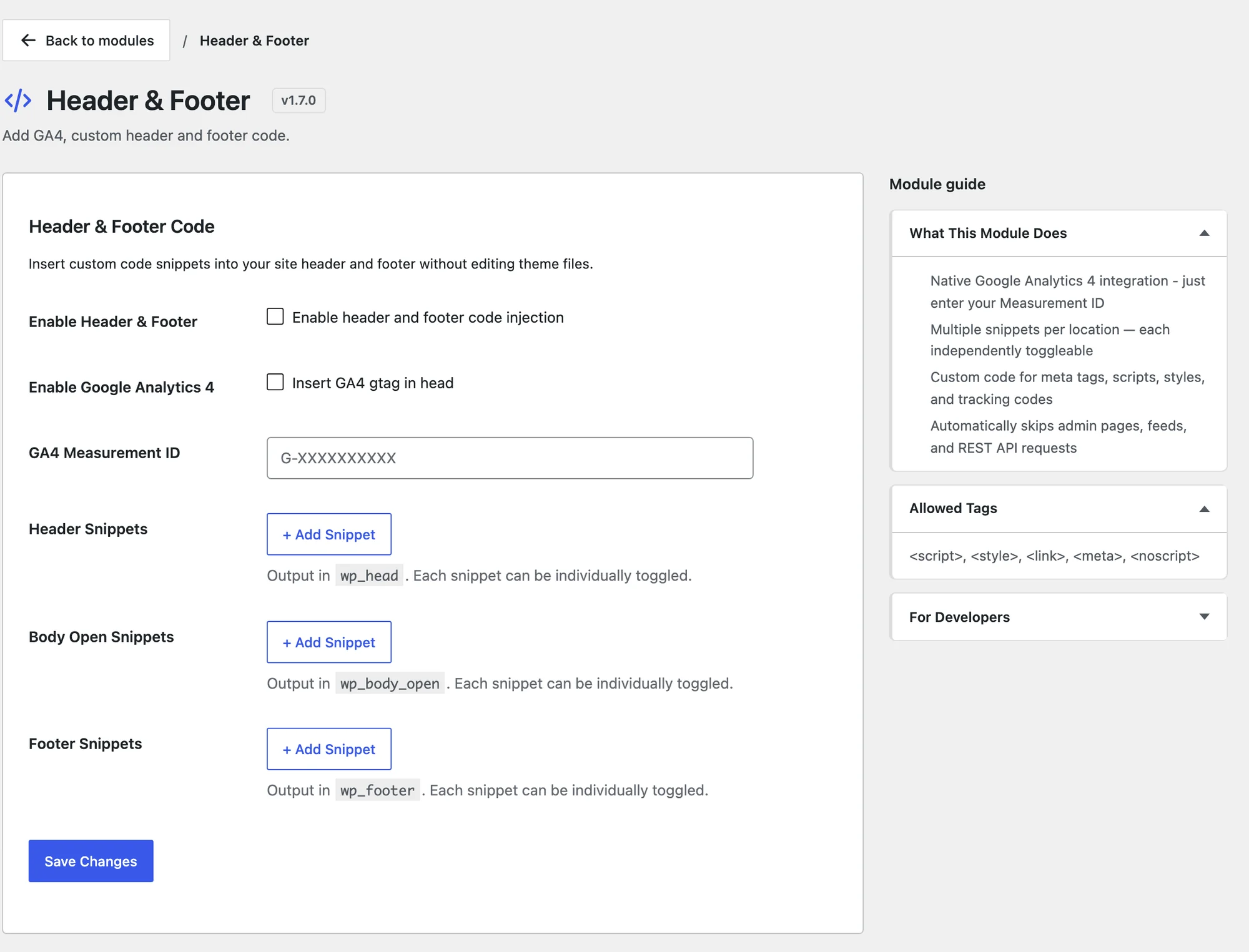 The Header and Footer settings with the GA4 option, the Measurement ID field and the header, body open and footer snippet lists
