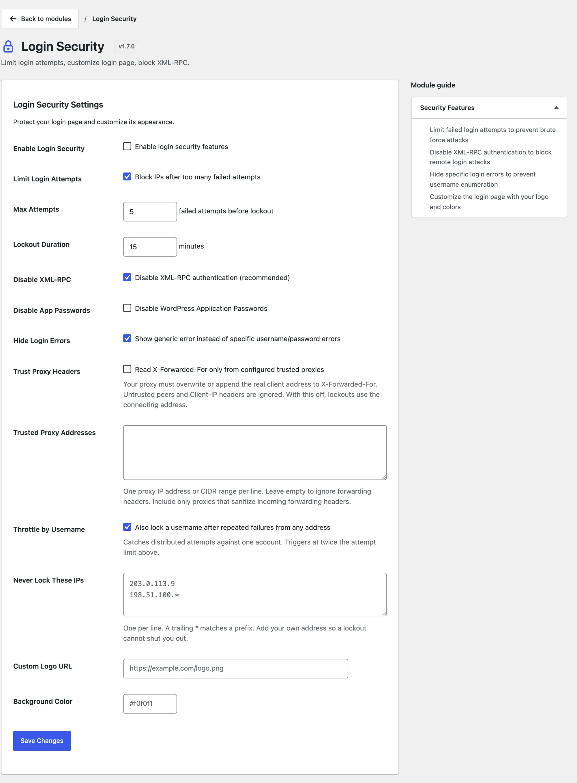 The Login Security settings with attempt limits, lockout duration, XML-RPC, login errors, proxy headers, username throttling and the IP allowlist