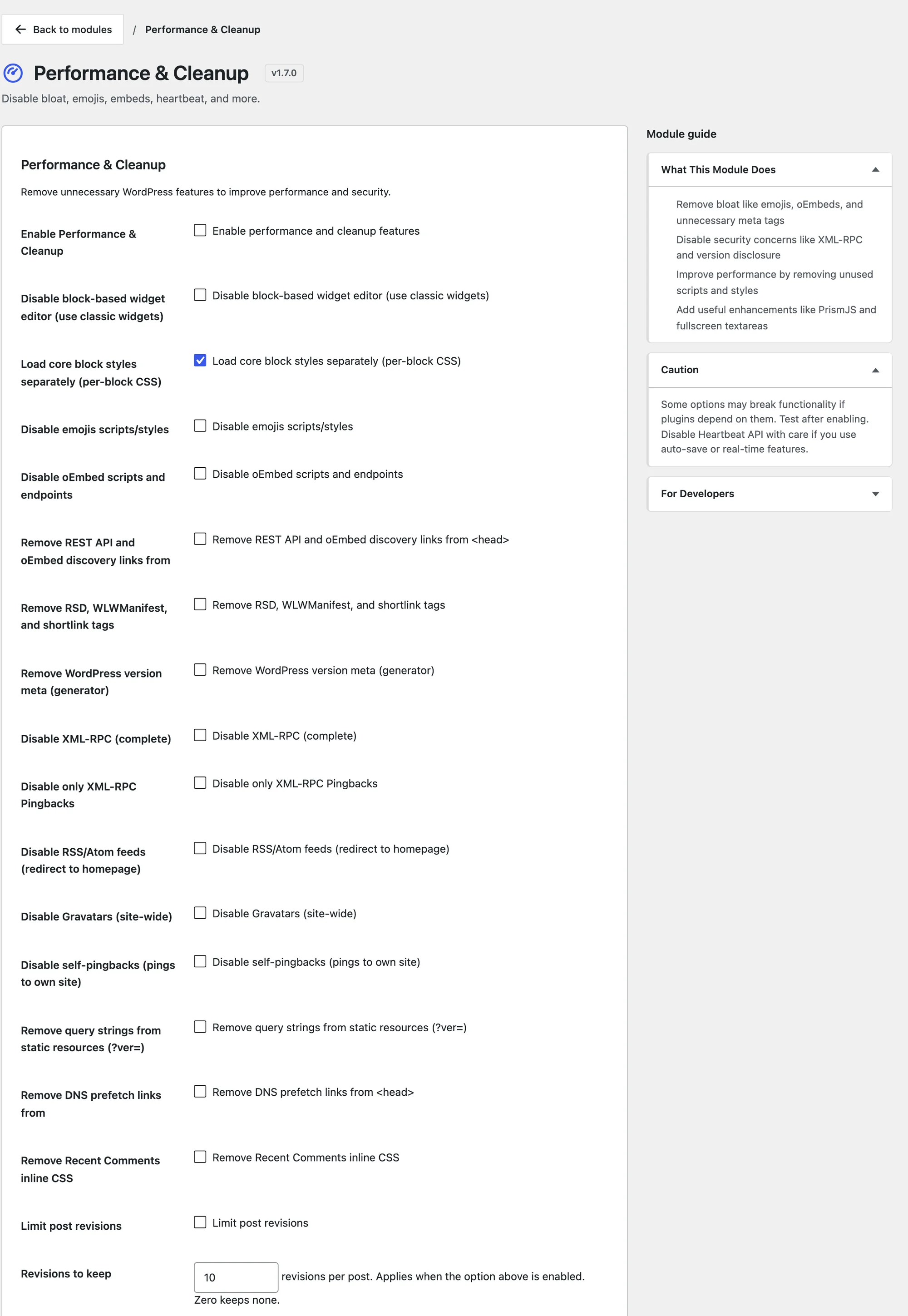 The Performance and Cleanup settings with toggles for emojis, oEmbed, XML-RPC, feeds, Gravatars, revisions, Heartbeat and jQuery Migrate