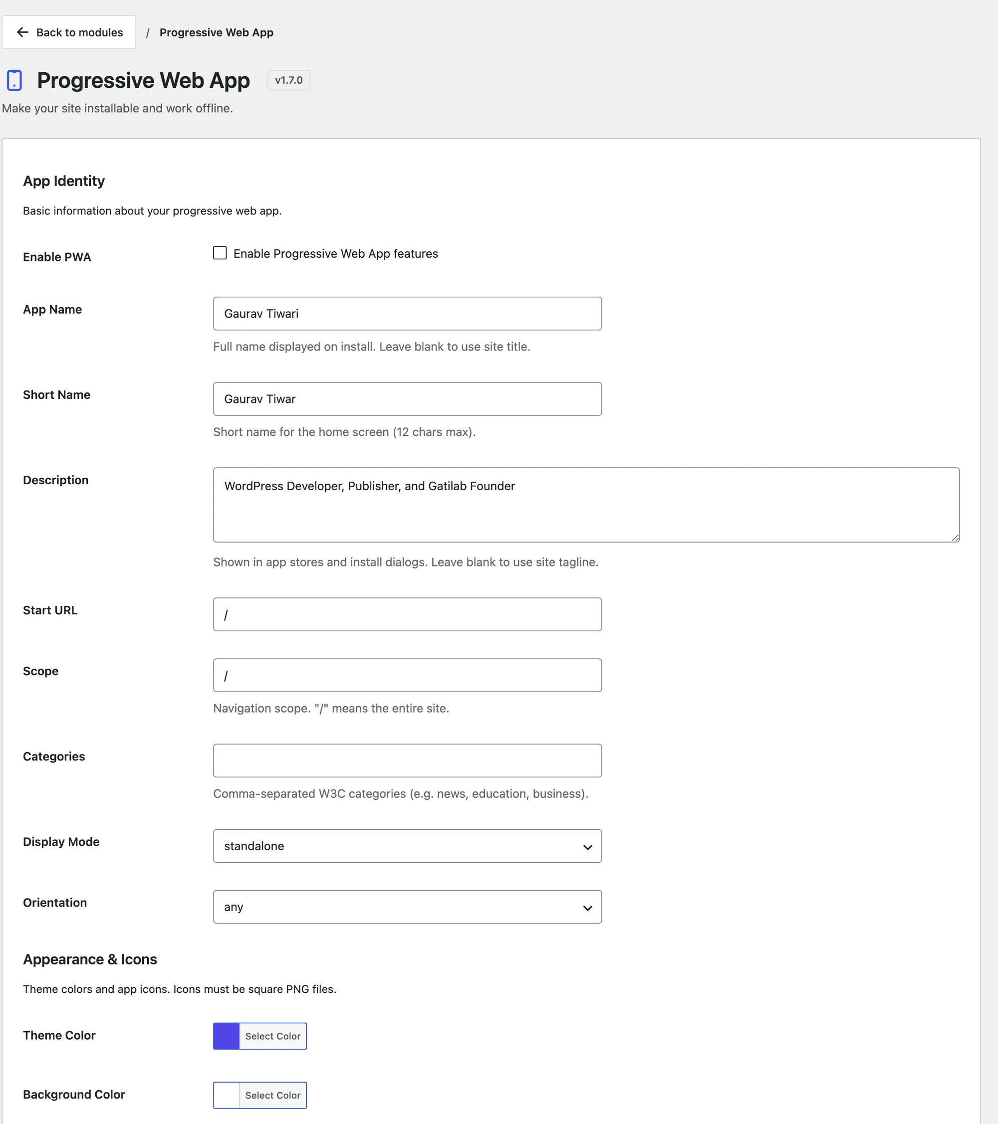 The Progressive Web App settings with the app identity fields, display mode and colors