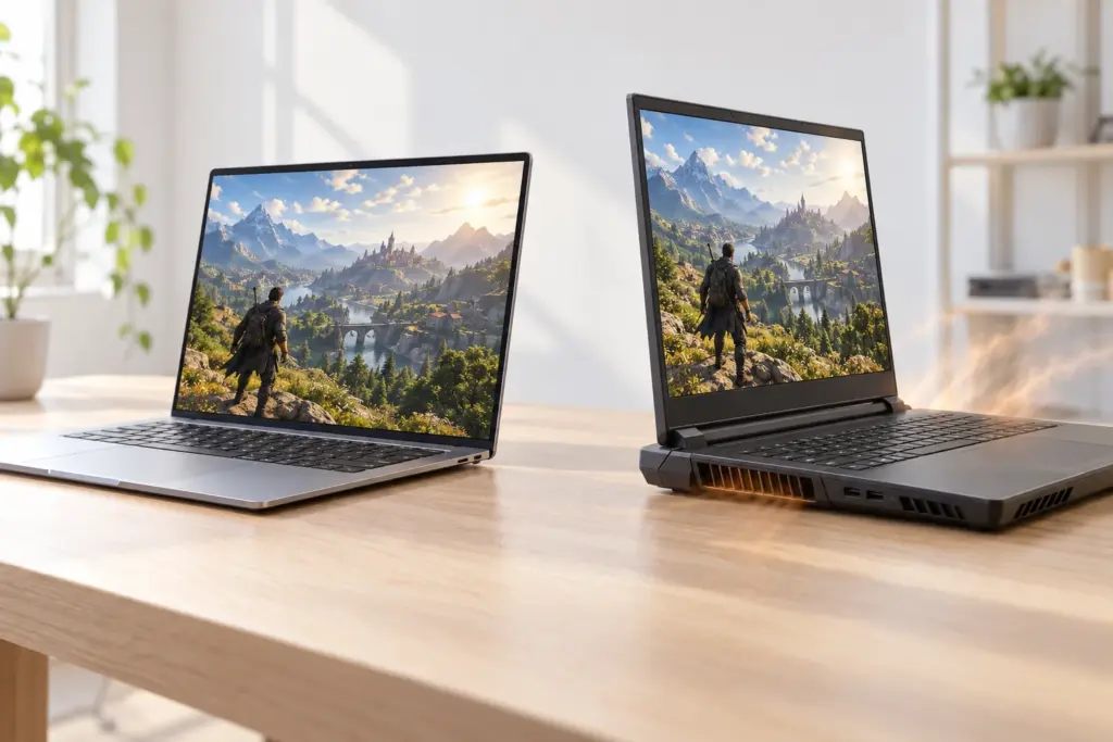 A thin aluminum gaming laptop next to a thick gaming laptop venting heat from its rear exhaust, both running the same game