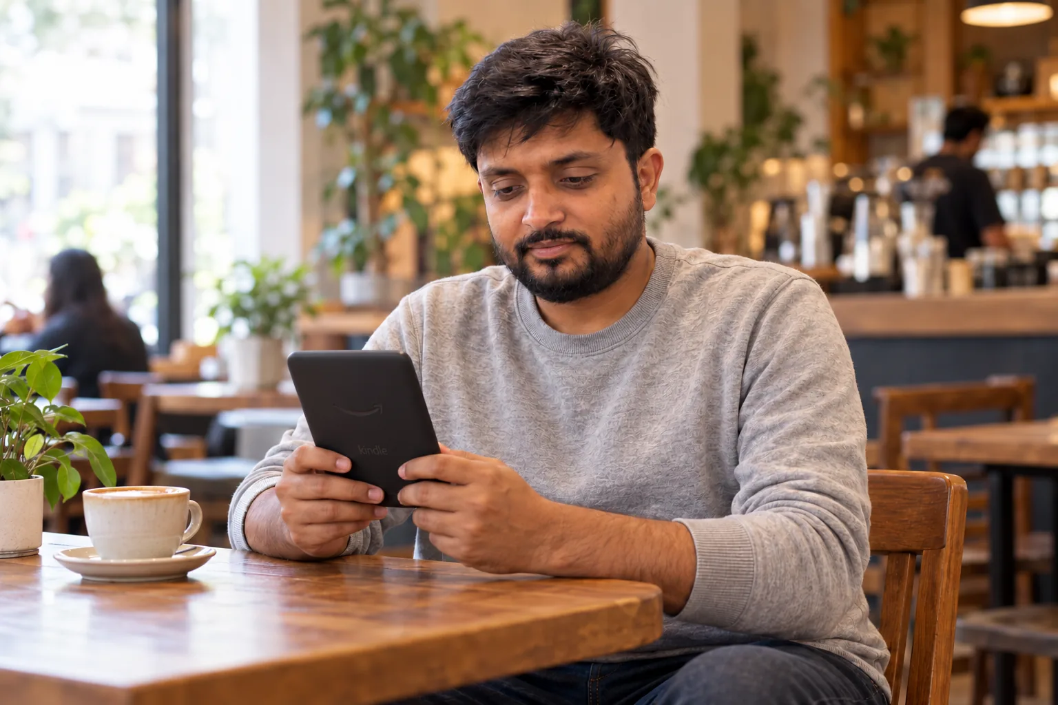 Gaurav Tiwari reading on a Kindle at a wooden table in a coffee shop, with a cup of coffee beside him