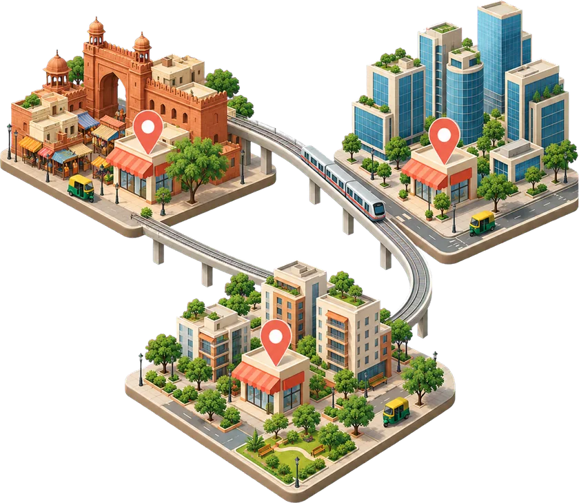 Isometric illustration of three Delhi NCR neighborhoods, an old market, glass office towers and a residential block, each with the same shop marked by a matching map pin and joined by a metro line