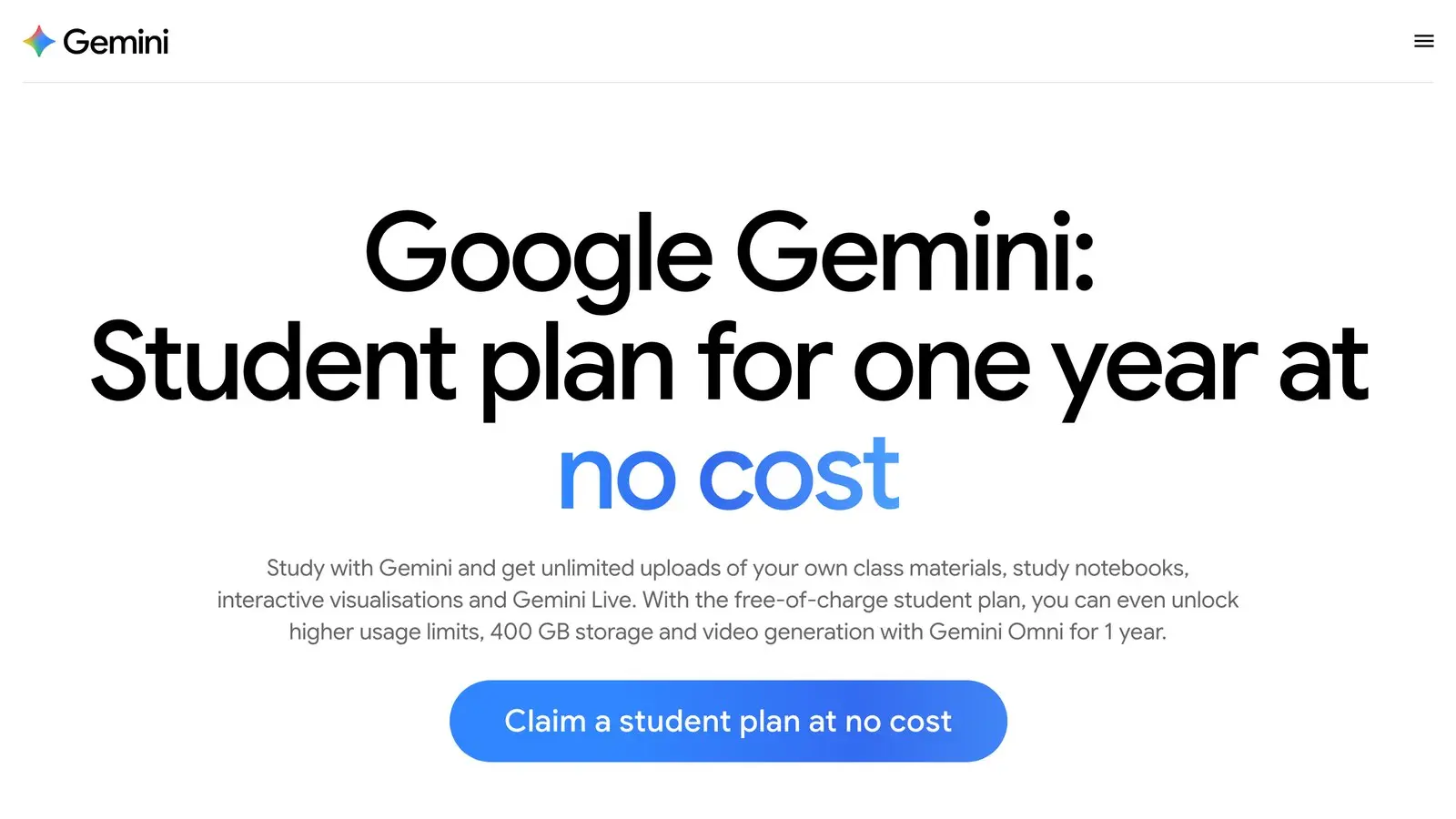 Google Gemini for Students page in India offering a student plan for one year at no cost