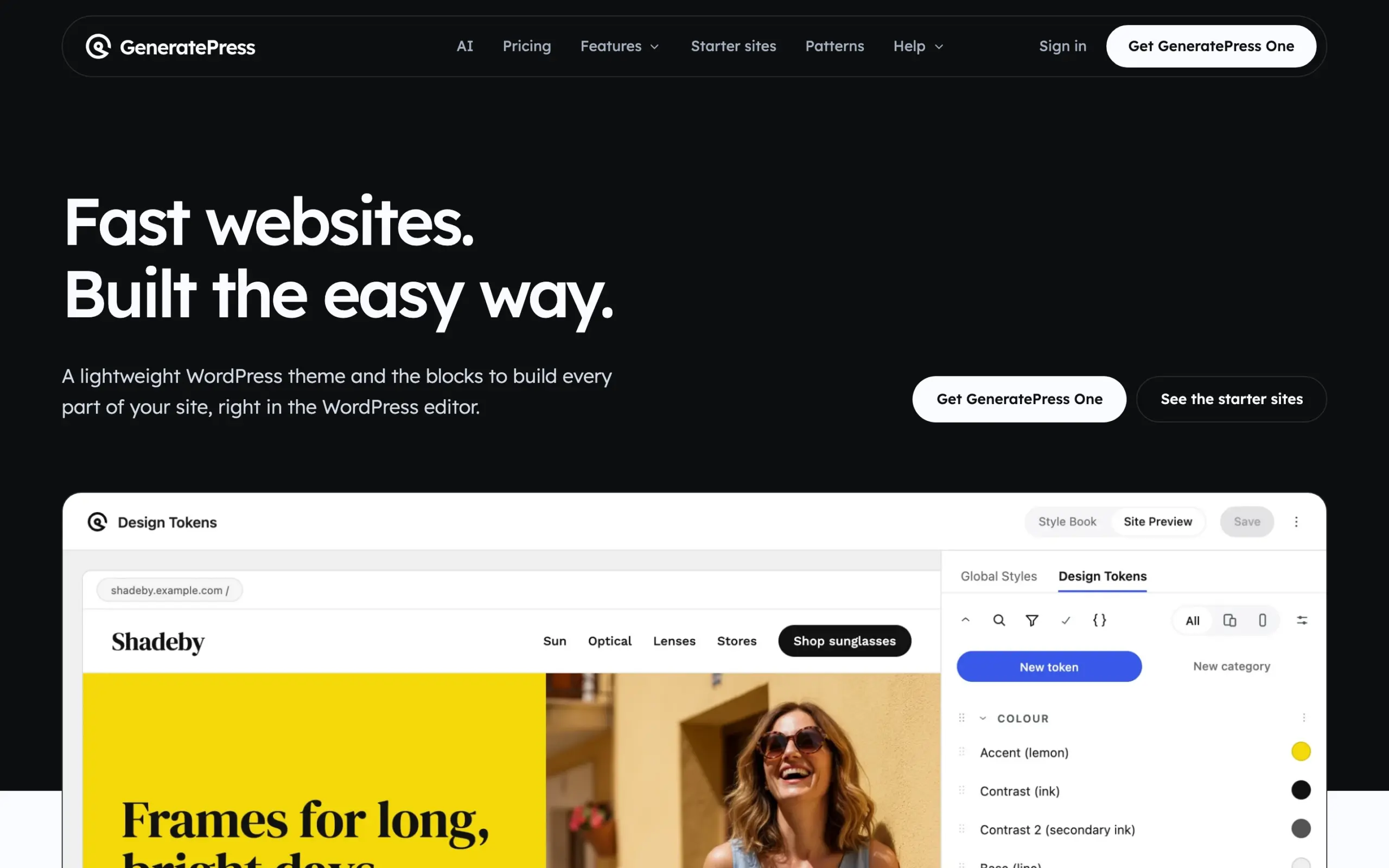 GeneratePress homepage with the headline Fast websites. Built the easy way. and a Get GeneratePress One button above a design tokens editor