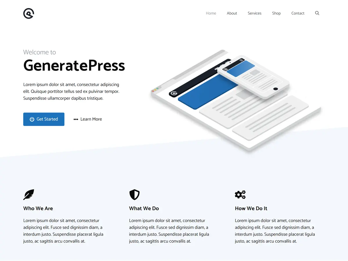 GeneratePress official preview with a simple header, two-column hero and three feature columns
