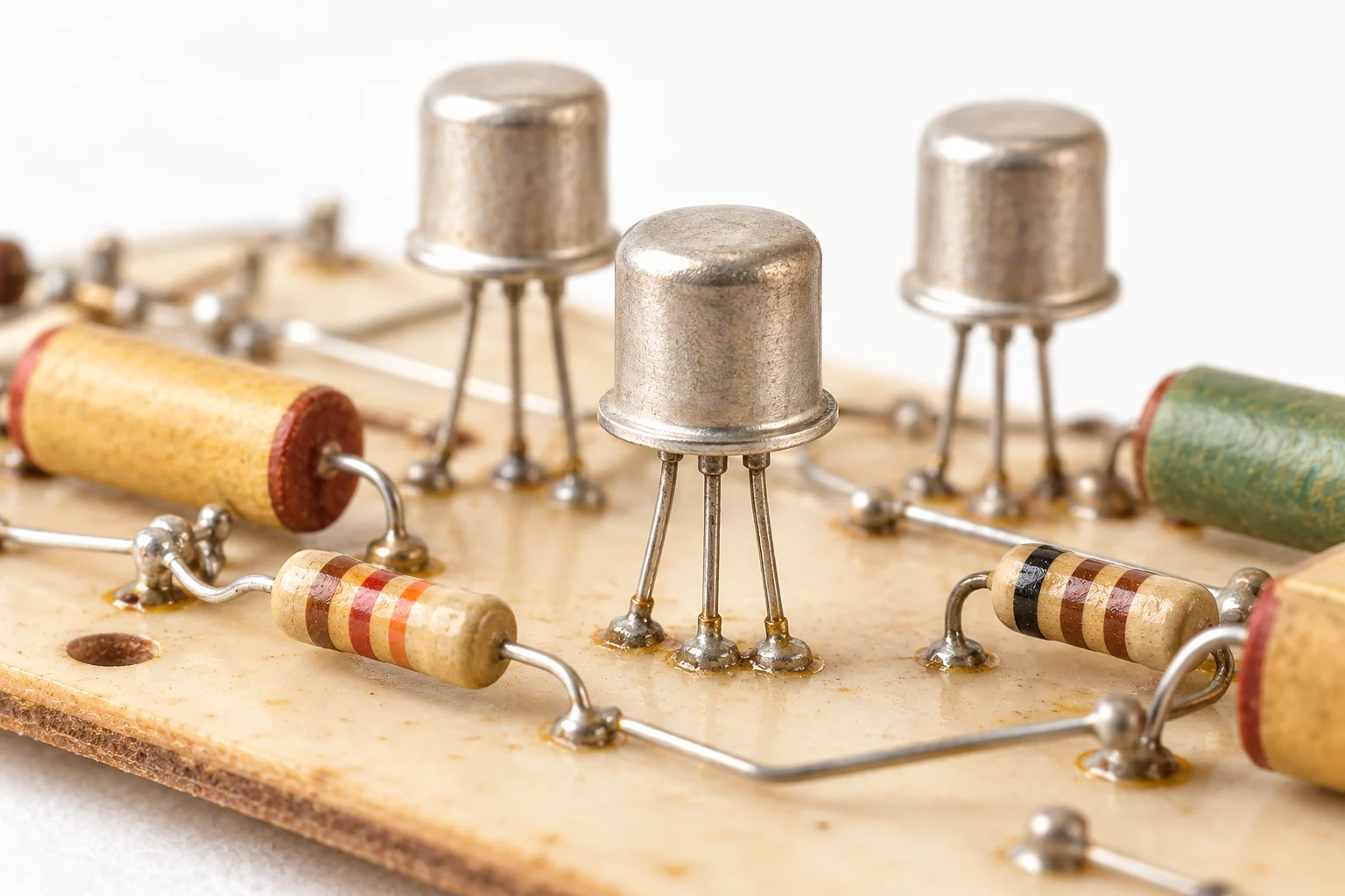 Three small metal-can germanium junction transistors with three wire leads, mounted on a cream circuit board with point-to-point wiring, paper capacitors and banded resistors.