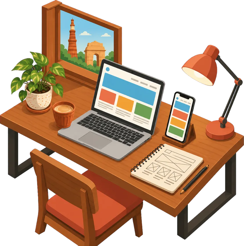 Isometric developer desk with a laptop and phone showing a website layout in progress, a kulhad of chai and a window view of the Qutub Minar and India Gate