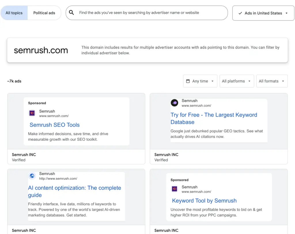 Google Ads Transparency Center showing about 7,000 ads for semrush.com in the United States, with sample search ad creatives