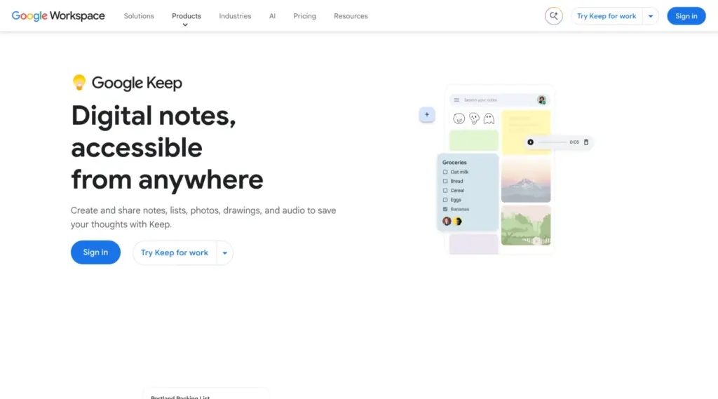 Google Keep page showing shareable notes, checklists and image notes