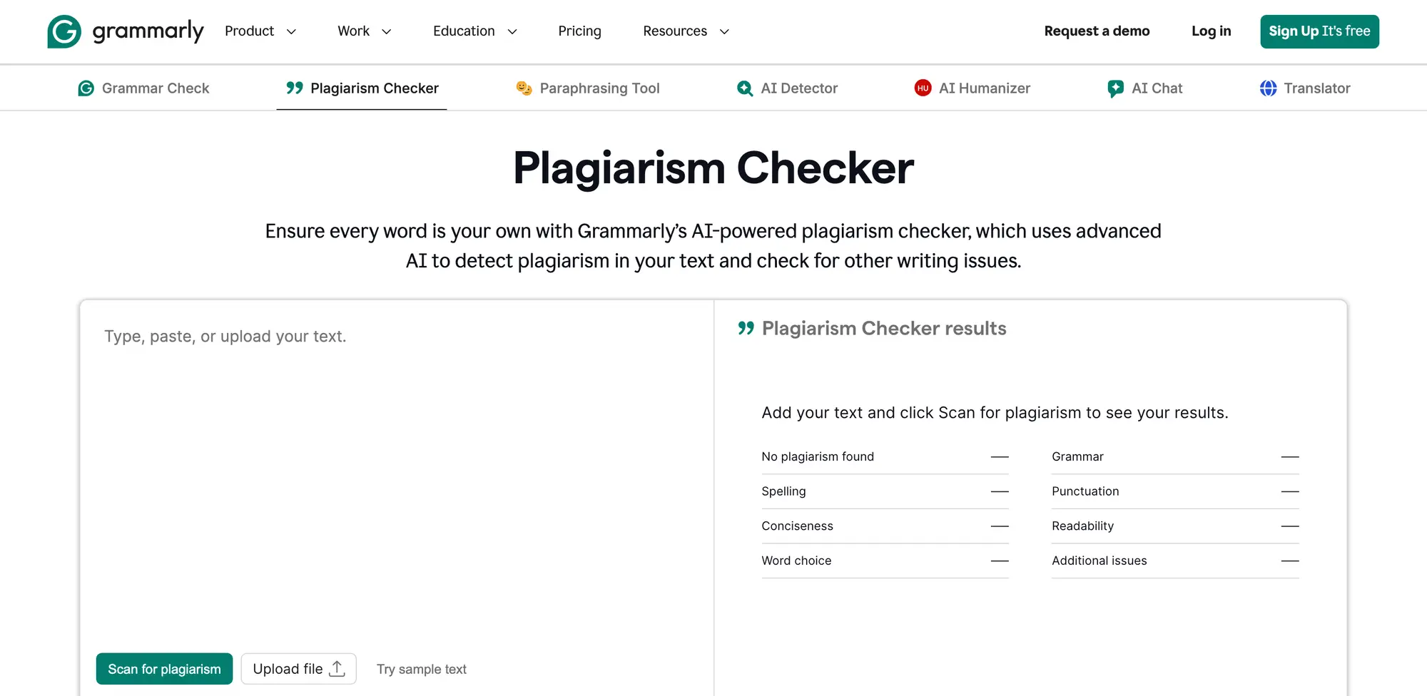 Grammarly plagiarism checker page with a text box and a results panel for plagiarism and writing issues