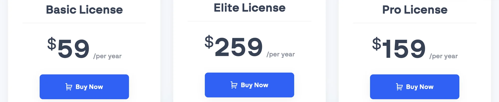 Gravity Forms pricing page showing Basic at $59, Elite at $259 and Pro at $159 per year with no crossed-out price