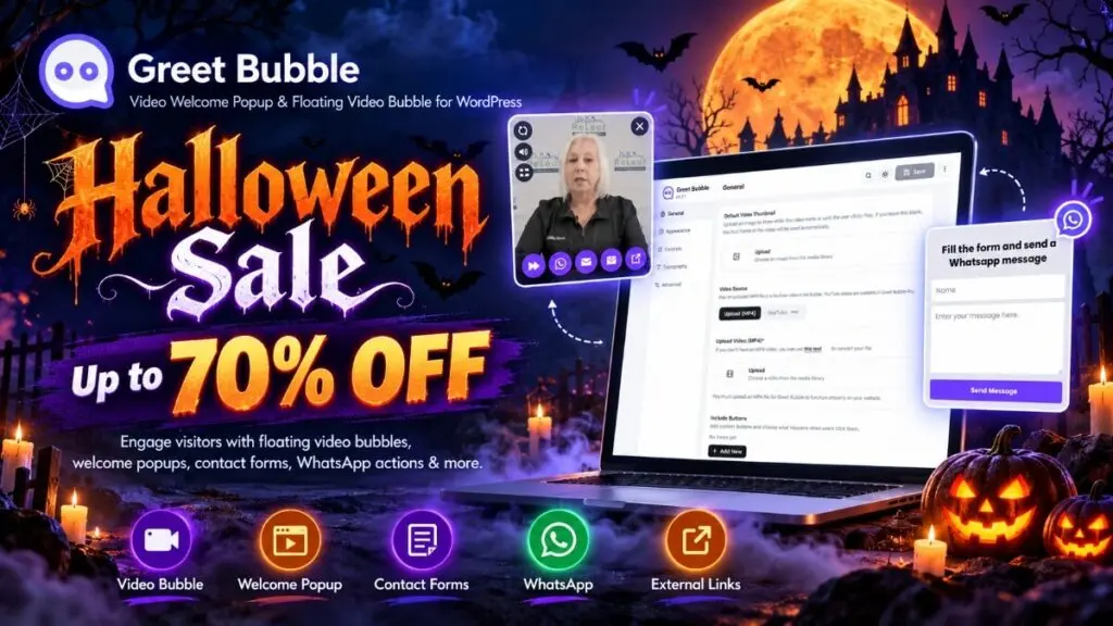 Greet Bubble Halloween sale banner advertising up to 70% off.