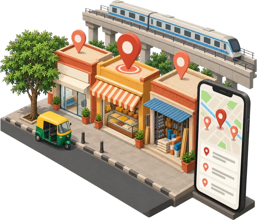 Isometric Delhi street with three shops marked by map pins, the middle one highlighted, next to a phone showing the same three pins on a map