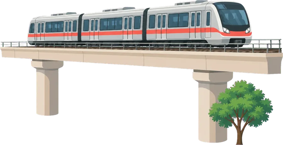 Illustrated Delhi Metro train running on an elevated track beside a neem tree