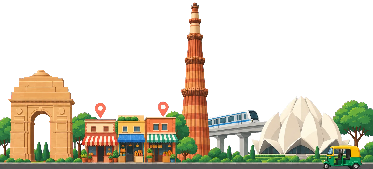 Illustrated Delhi skyline with India Gate, market shops marked by map pins, the Qutub Minar, a Delhi Metro train, the Lotus Temple and an auto-rickshaw
