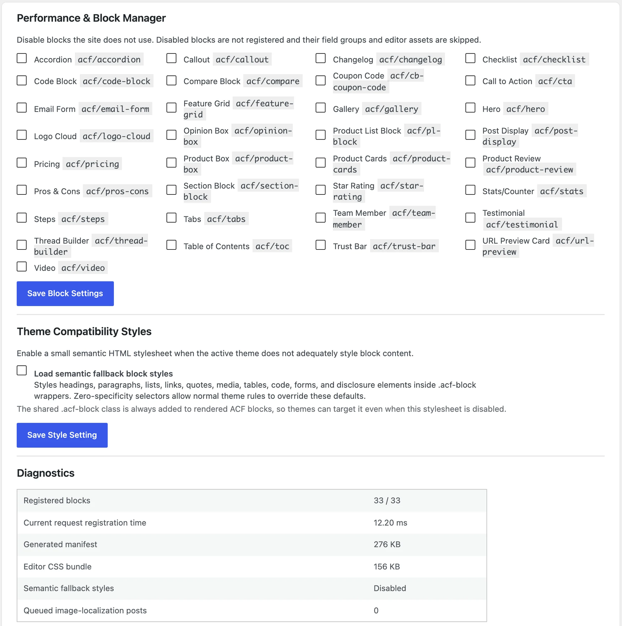 The Performance and Block Manager card with the block checkboxes, theme compatibility styles and diagnostics