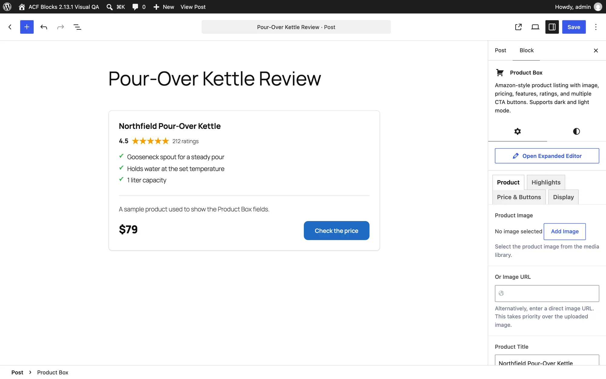 The Product Box block in the editor with its field tabs in the sidebar