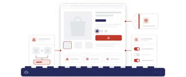 Product page standing on a hosted base plate, with a product bundle card, a product options card with toggles and a gift card tag attached to the store.
