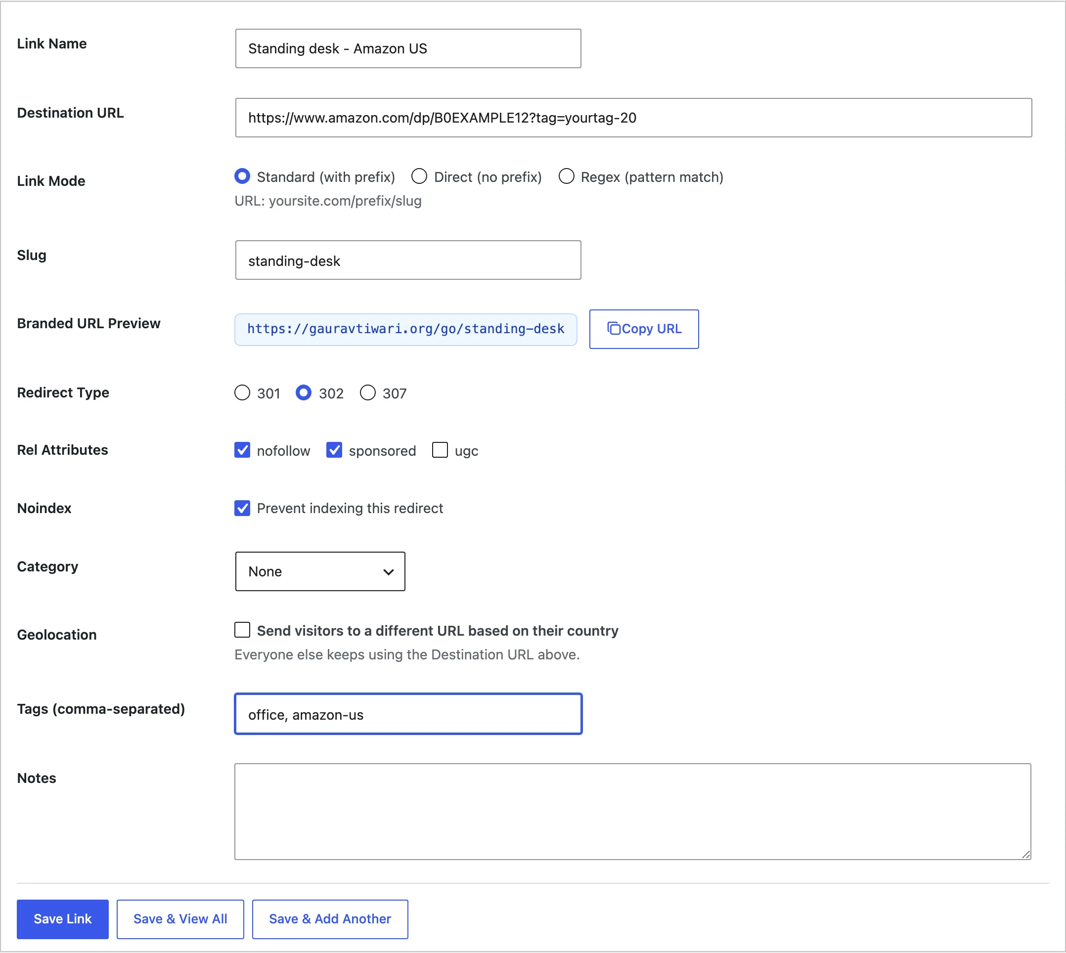 GT Link Manager Add New Link form filled in for an Amazon standing desk link with the 302 redirect type and nofollow and sponsored rel attributes