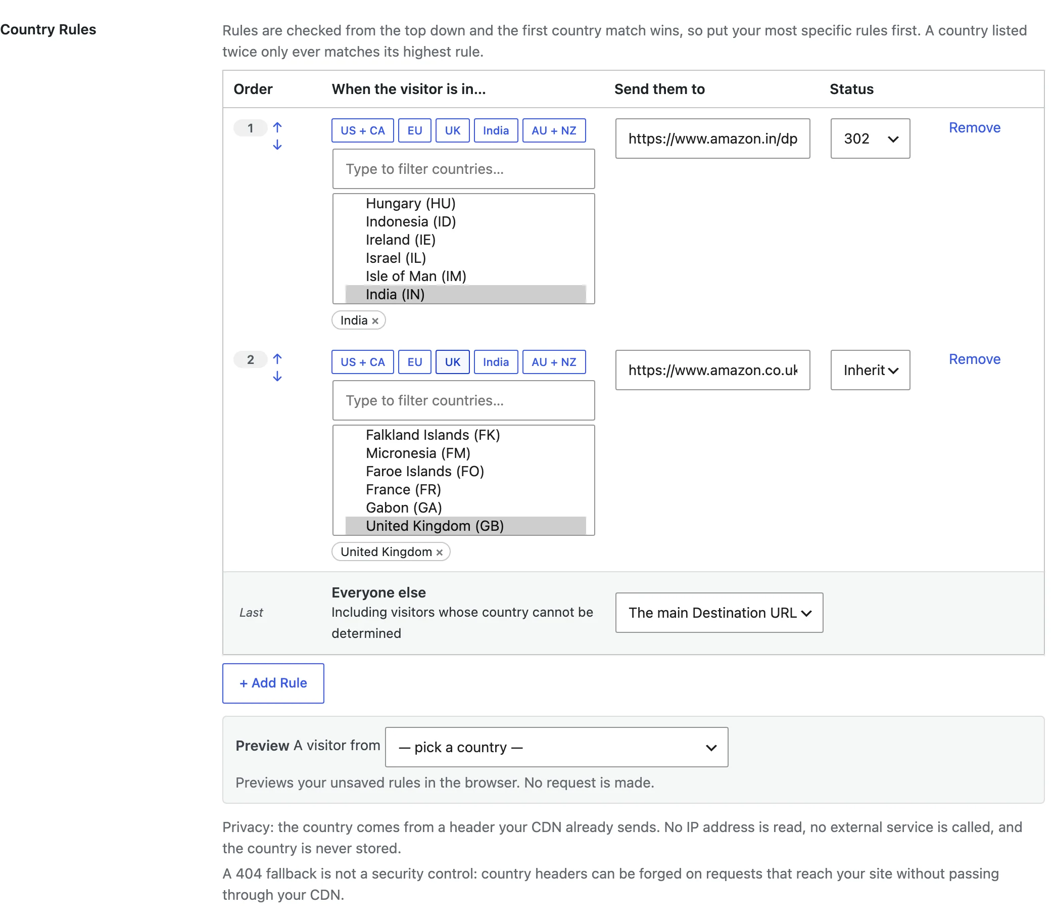 Country Rules table on a GT Link Manager link sending India to amazon.in and the UK to amazon.co.uk, with everyone else on the main destination