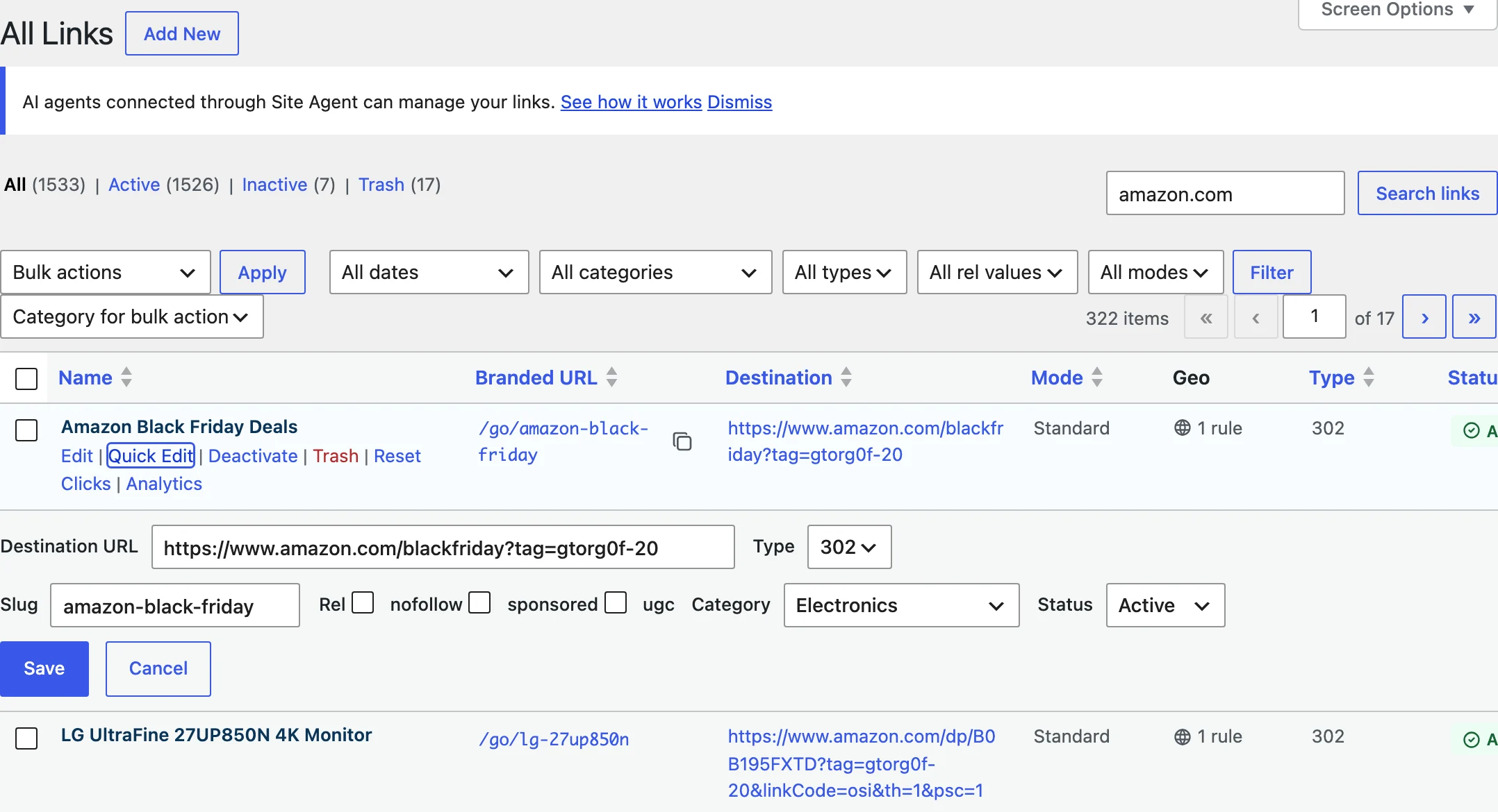 GT Link Manager All Links list filtered by an amazon.com search with Quick Edit open on one link showing Destination URL, Type, Slug, Rel, Category and Status