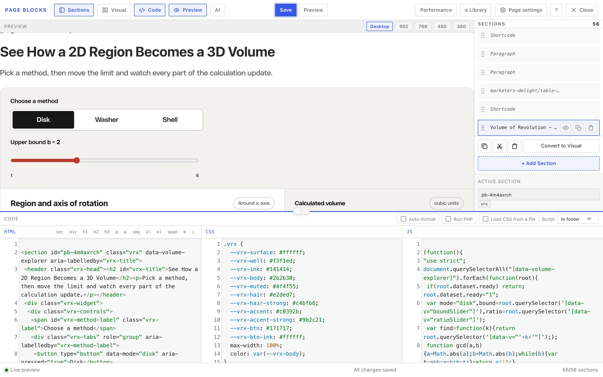 GT Page Blocks Builder in Code mode with a calculator section selected, its live preview above and separate HTML, CSS and JS panes below