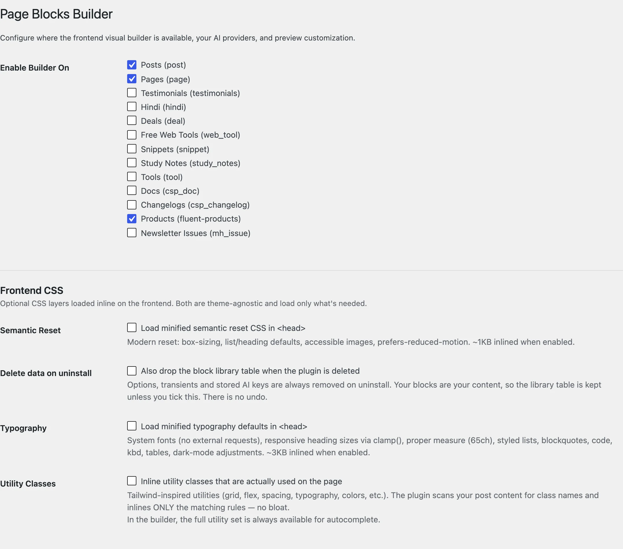 GT Page Blocks Builder settings with Enable Builder On ticked for Posts and Pages and the optional Frontend CSS layers below