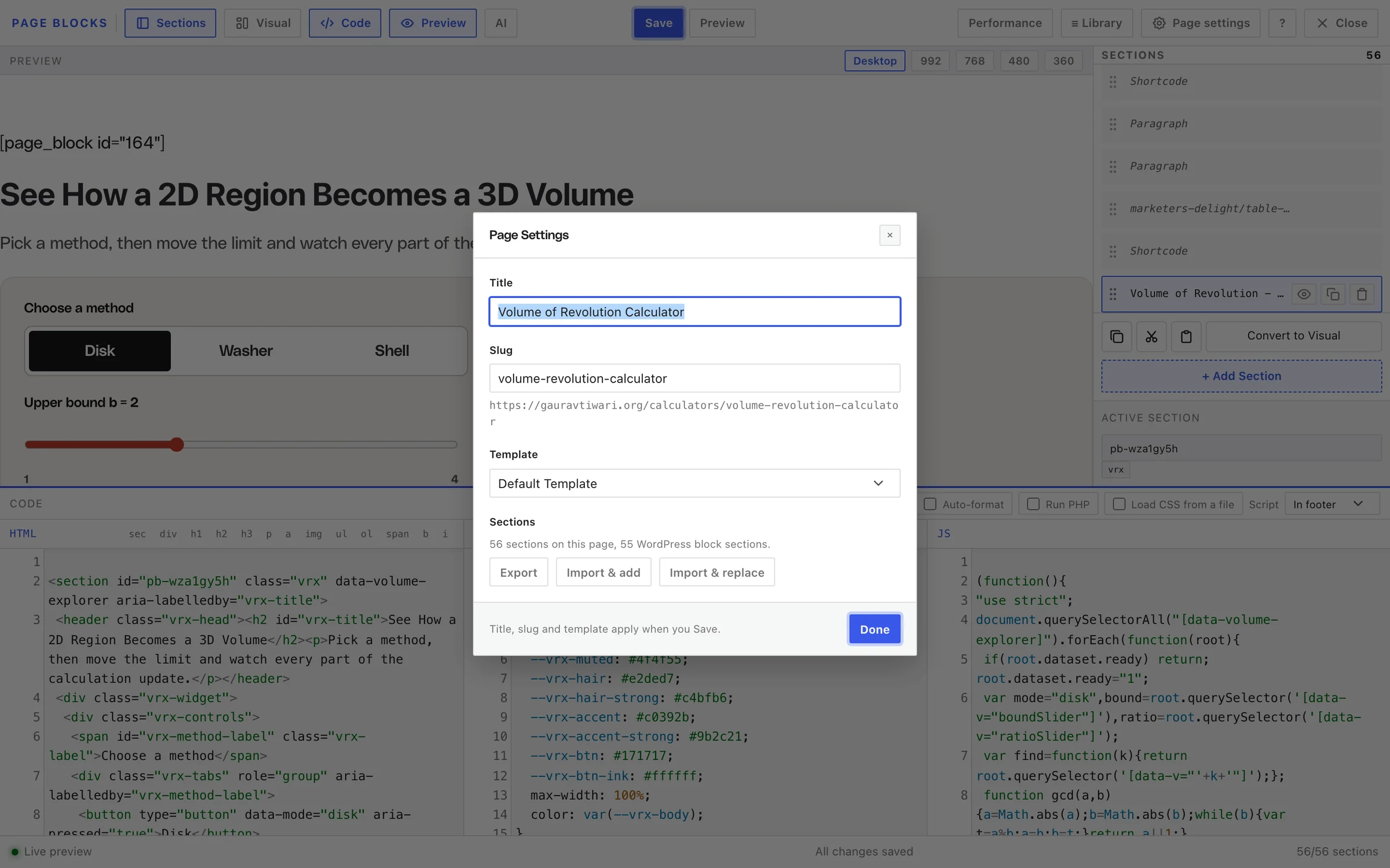 GT Page Blocks Builder Page Settings dialog with Title, Slug, Template and the Export, Import and add and Import and replace buttons