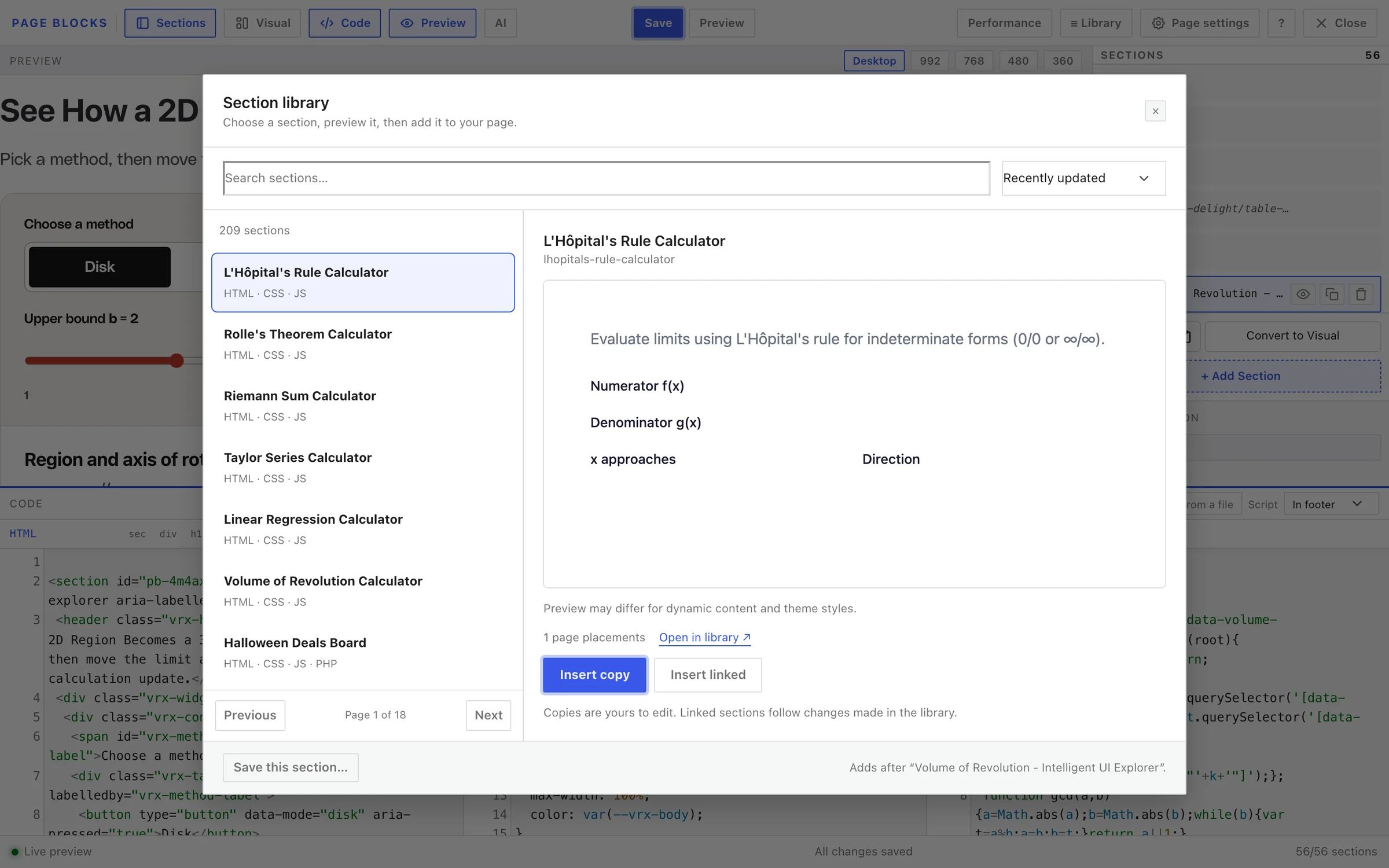 GT Page Blocks Builder Section library dialog previewing a saved calculator with Insert copy and Insert linked buttons