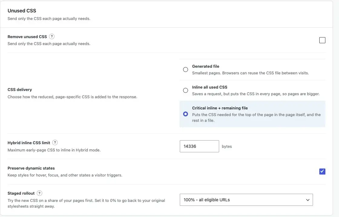 Optimization tab, Unused CSS card: Remove unused CSS, CSS delivery (Generated file, Inline all used CSS, Critical inline + remaining file), Hybrid inline CSS limit, Preserve dynamic states, Staged rollout