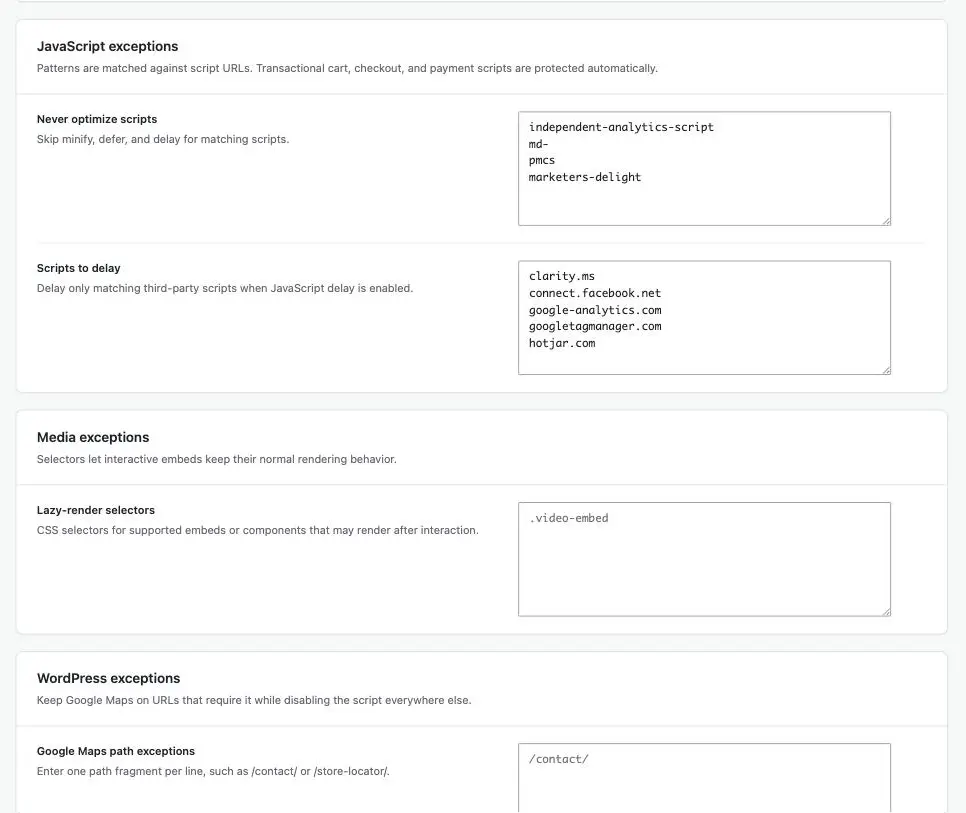 Exceptions tab: JavaScript, media and WordPress exceptions