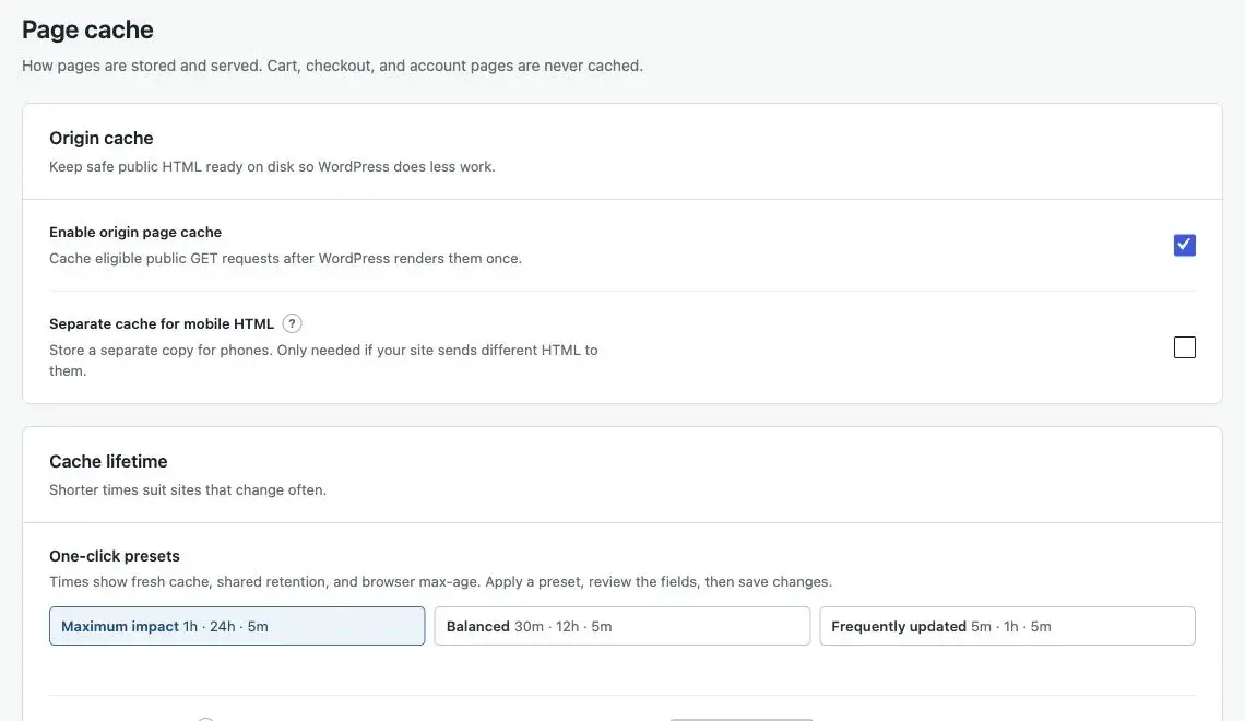Page Cache tab: origin cache and lifetime presets