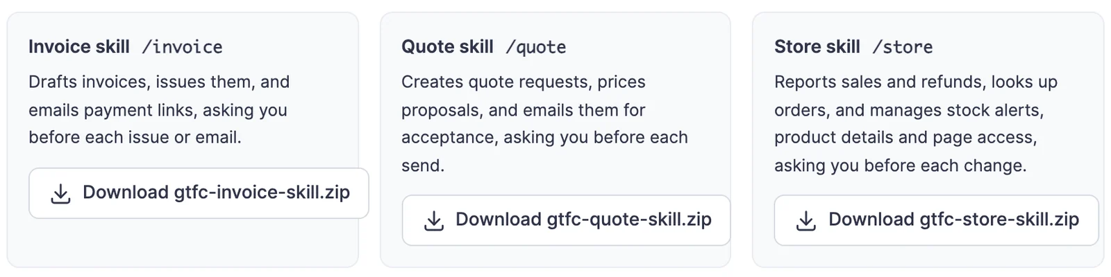Three skill cards for invoice, quote and store, each with a ZIP download button