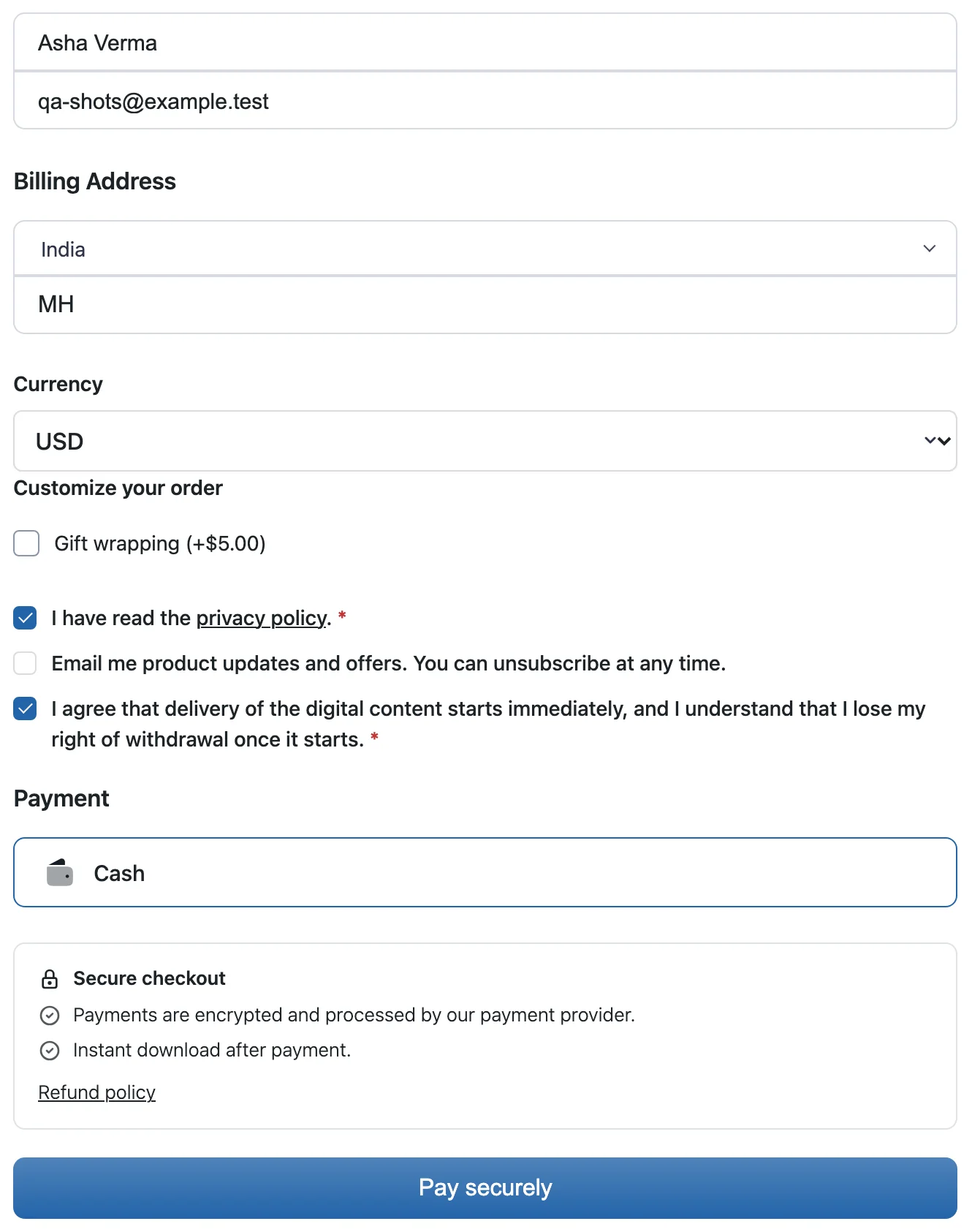 Digital checkout asking only for country and state, with consent checkboxes, a trust block and a Pay securely button