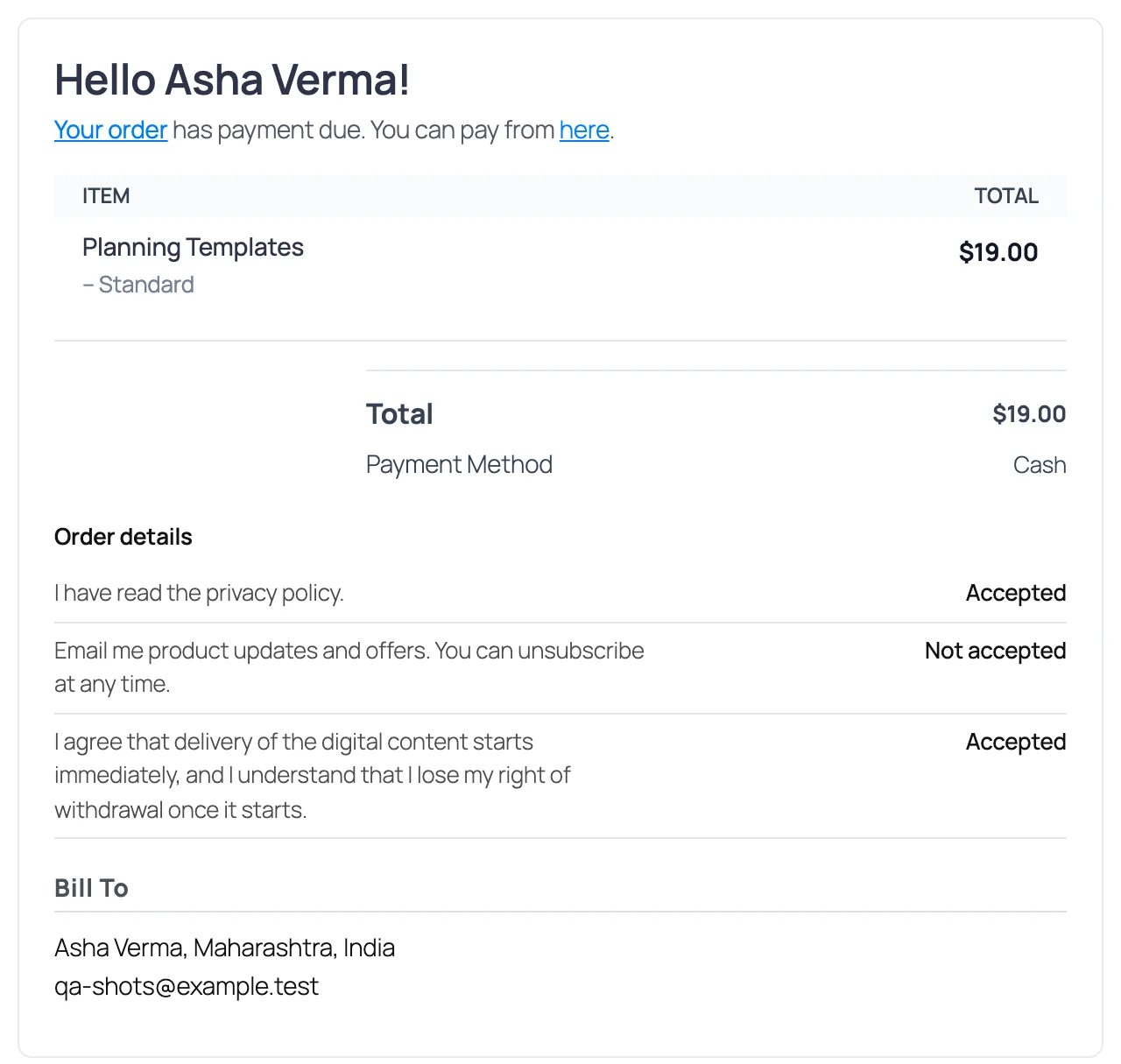 Receipt with an Order details table listing each consent as Accepted or Not accepted