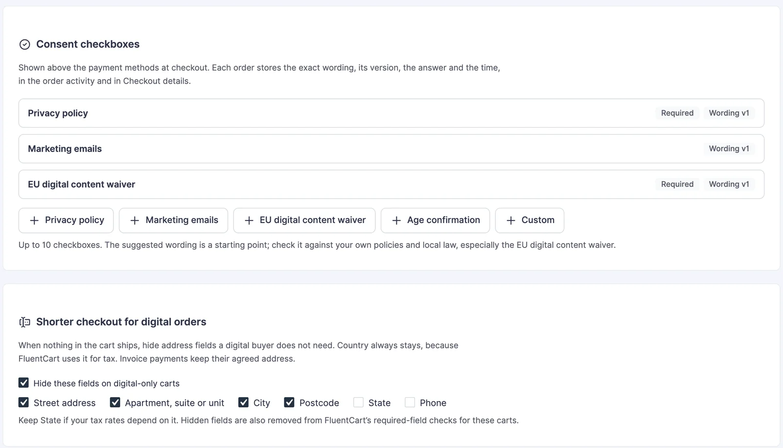 Checkout enhancements screen with consent checkboxes and the shorter checkout for digital orders