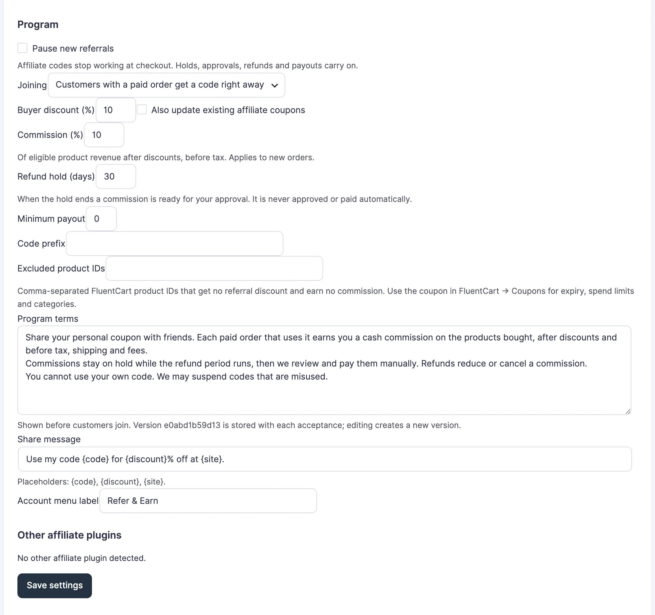 Coupon Affiliates program settings with Joining, a 10 percent buyer discount, 10 percent commission, a 30-day refund hold, program terms and the share message