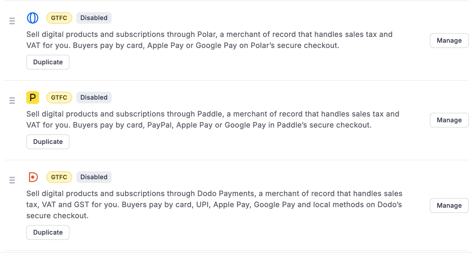 FluentCart Payments list with Polar, Paddle and Dodo Payments, each marked with a GTFC badge and a Duplicate button