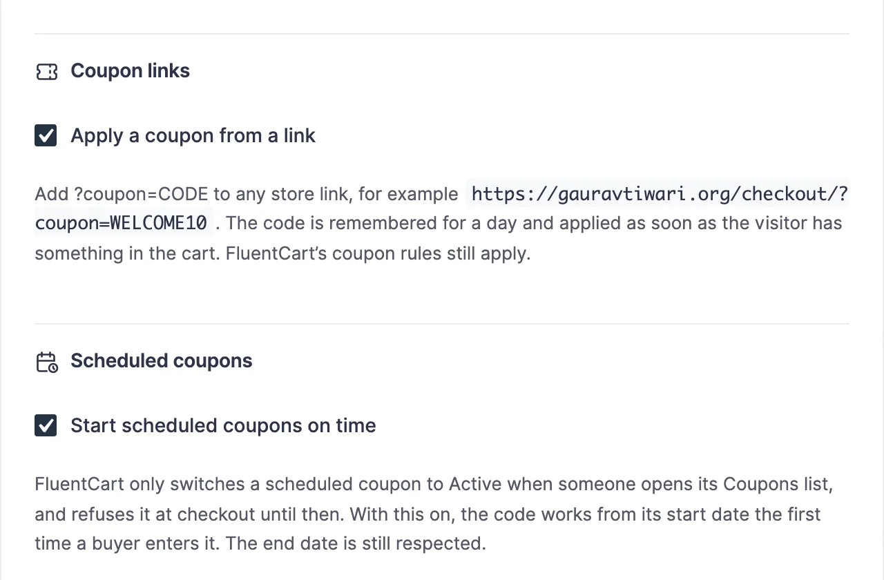 Extra Enhancements settings with Apply a coupon from a link and Start scheduled coupons on time both switched on