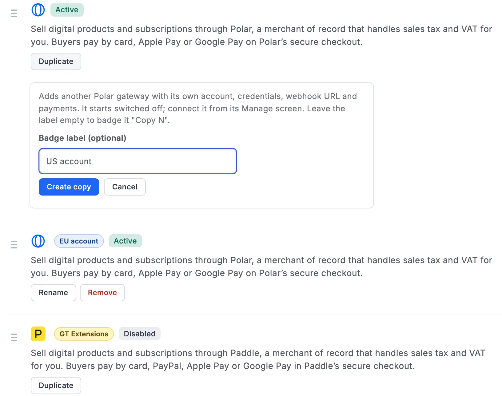 FluentCart Payments list with the inline Duplicate form open under Polar, a Polar copy badged EU account with Rename and Remove, and Paddle badged GT Extensions